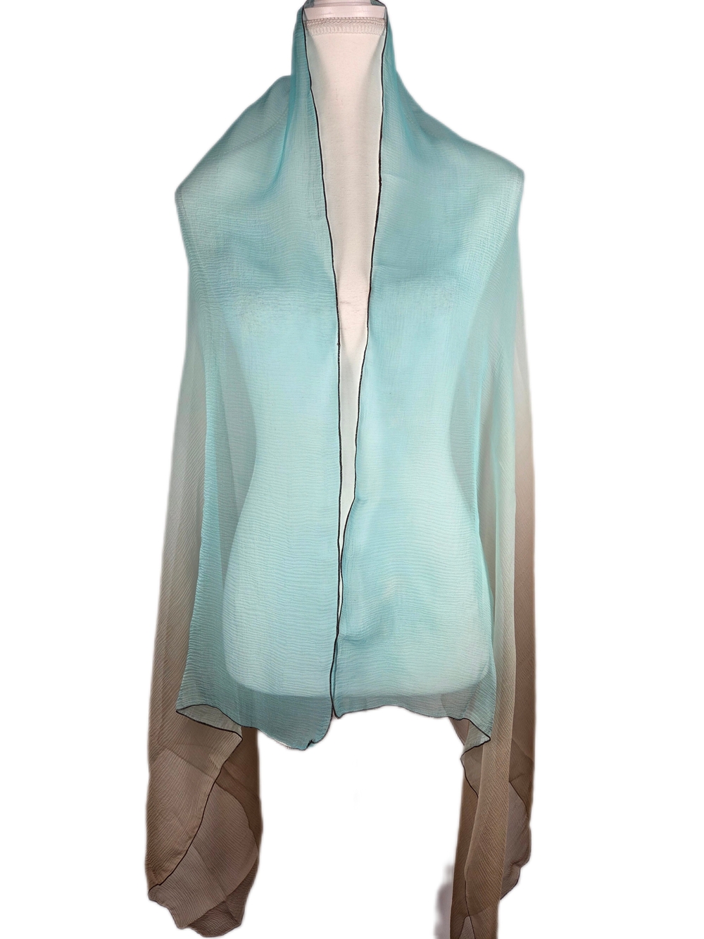 Vintage Sheer Chiffon Ombre Shawl Scarf – Aqua Teal to Taupe Beige